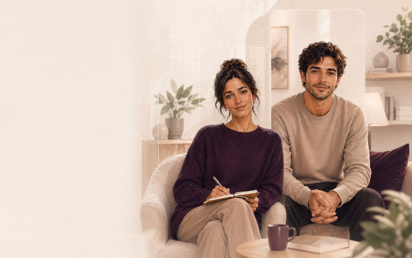 Ilustrație NextSession cu pacienți virtuali și concepte CBT